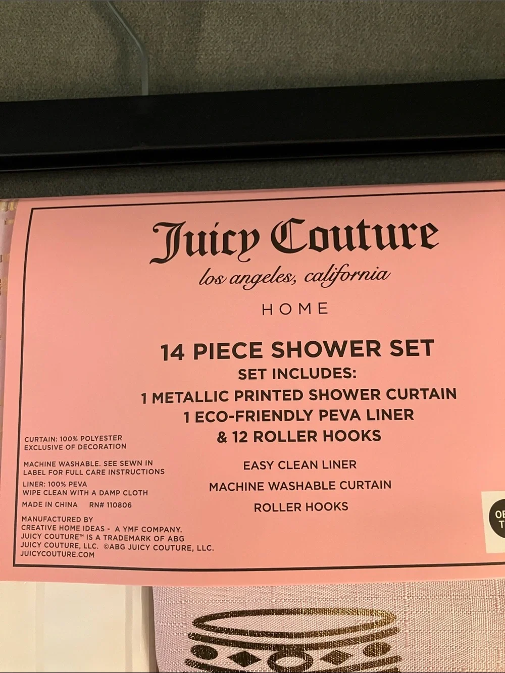 ✨Juicy Couture 14 pc shower set gorgeous pink & gold metallic curtain NWT